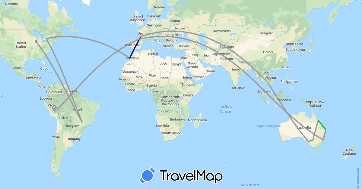 TravelMap itinerary: driving, bus, plane in Australia, Brazil, Canada, Spain, France, Indonesia, Cambodia, Morocco, Peru, United States (Africa, Asia, Europe, North America, Oceania, South America)